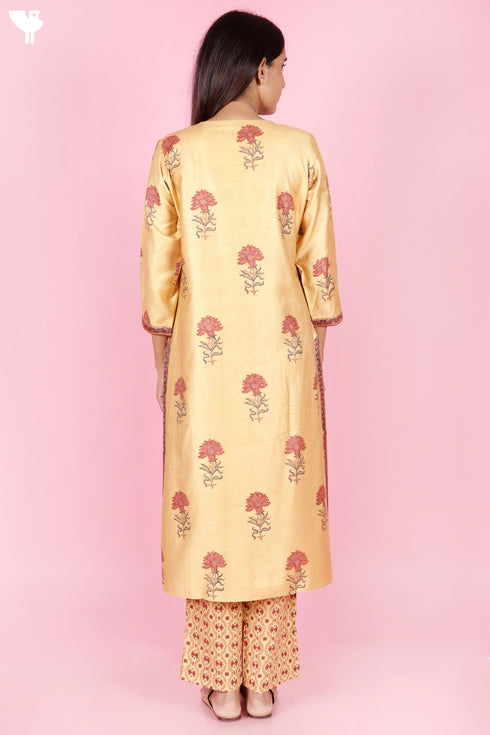 Tussar Cotton Kurta Pant And Dupatta Set In Floral Block Print